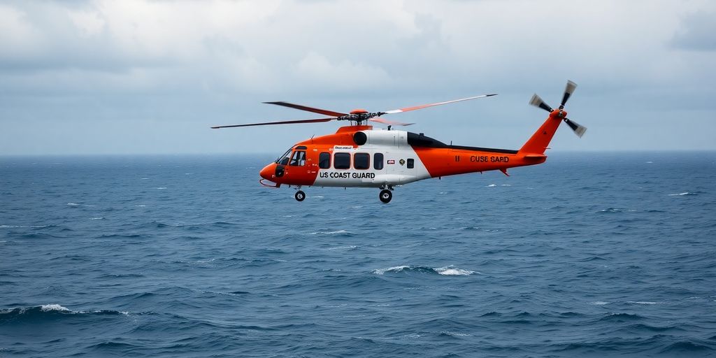 An orange and white US Coast Guard helicopter over the ocean.