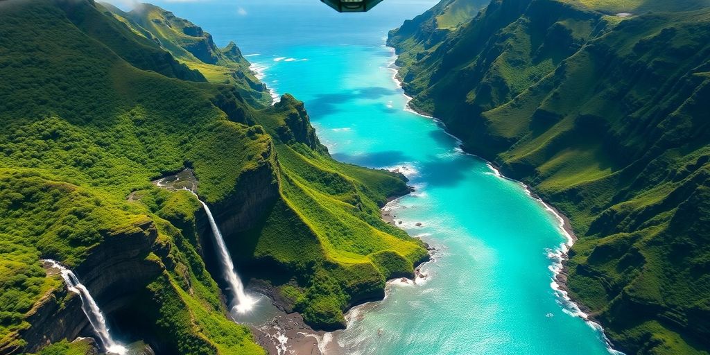 A doors-off helicopter flies over Kauai's dramatic green cliffs.
