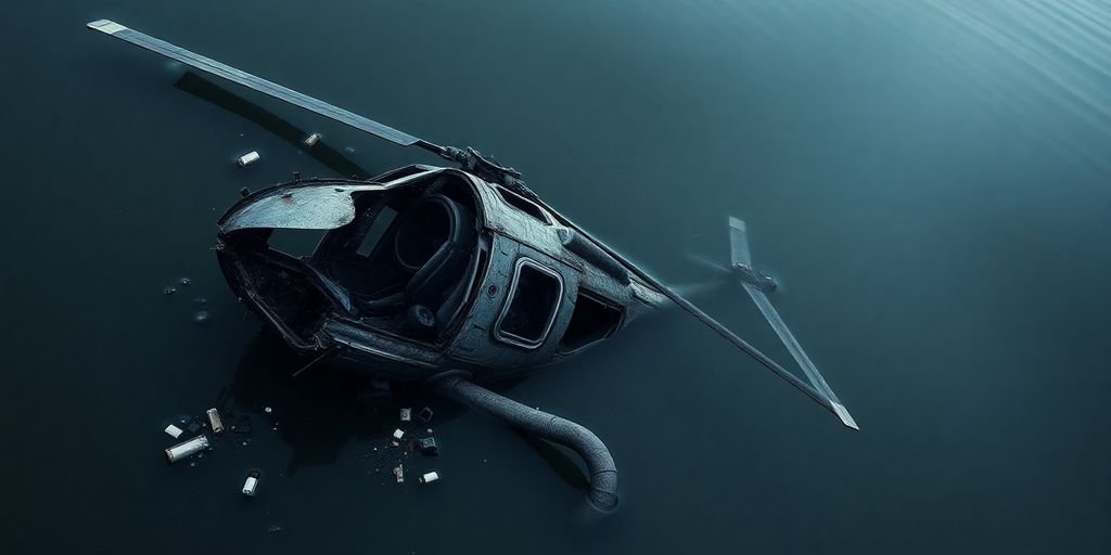 Helicopter wreckage in Hudson River water.
