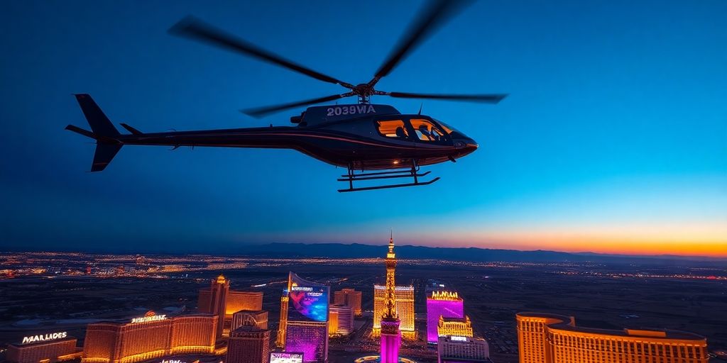 A helicopter flying over the glittering Las Vegas Strip at night.