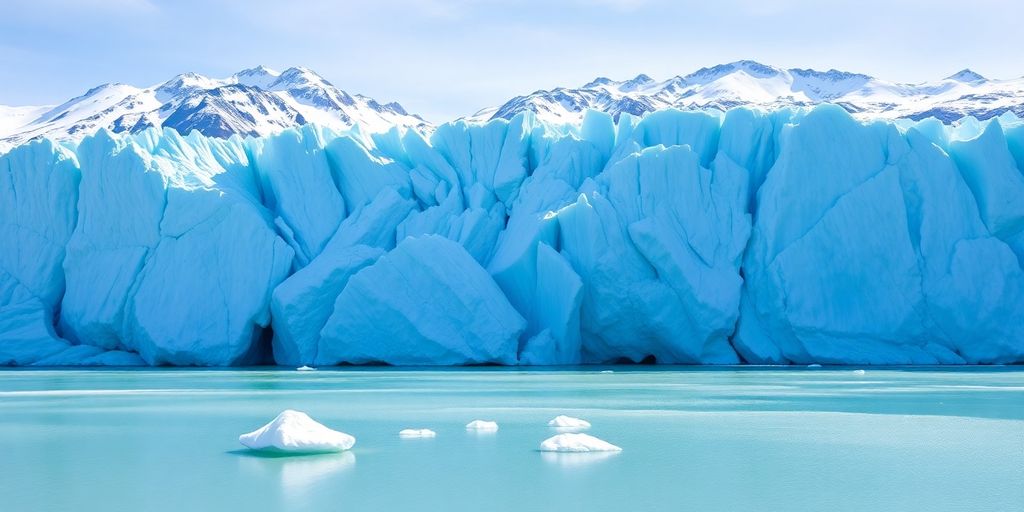 A massive, icy glacier with a bright blue meltwater pool.