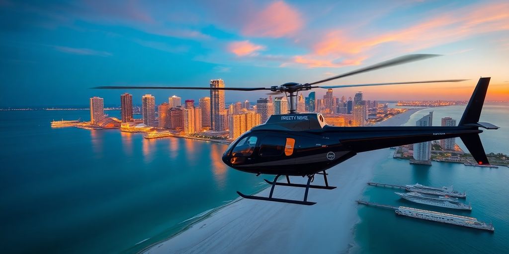A helicopter flies over the Miami skyline at sunset.