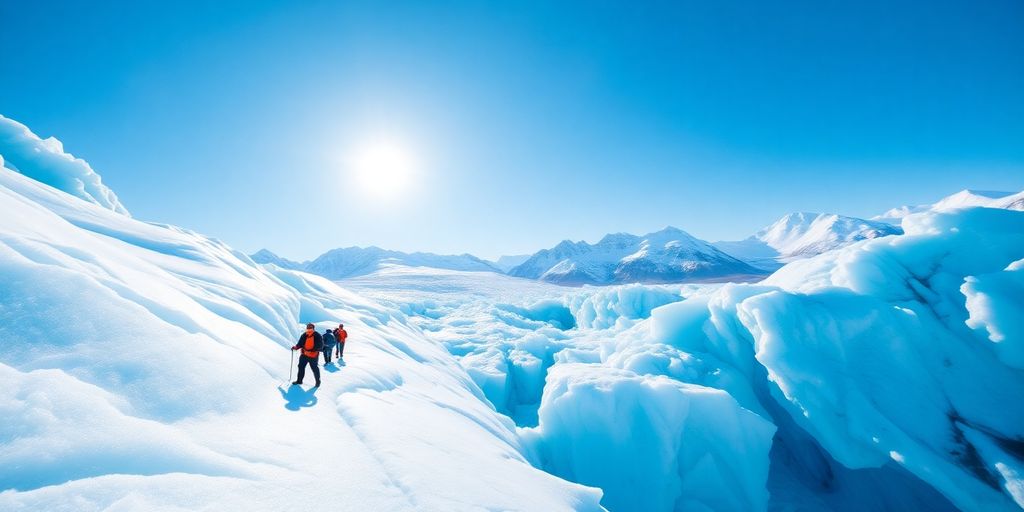 Hikers trekking across a vast blue glacier near Anchorage, Alaska.
