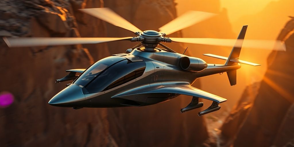 A futuristic attack helicopter flying through a sunlit canyon.