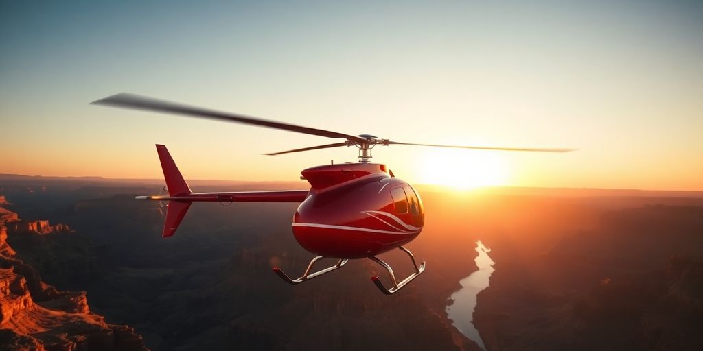 A red Maverick helicopter flying over the Grand Canyon.