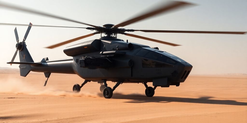 Blackout helicopter flying, desert battlefield
