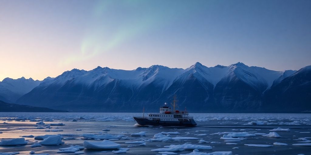 A modern ship navigates an icy Alaskan fjord at dawn.