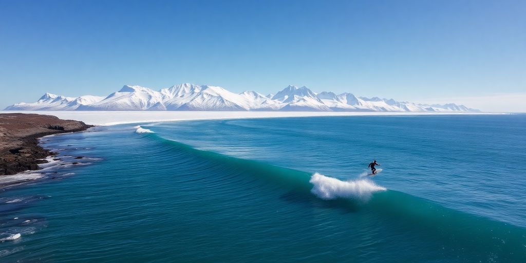 An aerial view of a surfer on a wave in Alaska.