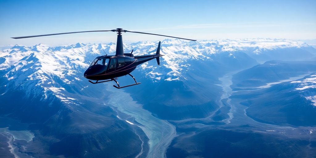 A helicopter flies over vast Alaskan mountains and glaciers.