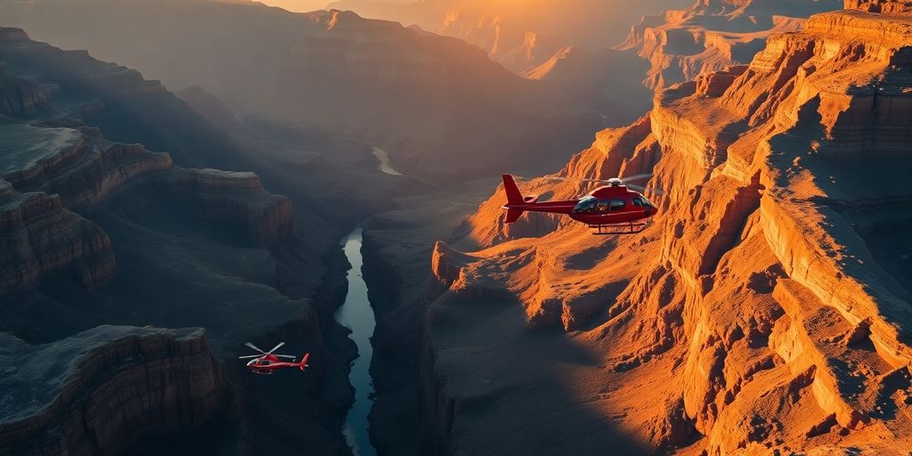 A red helicopter flying over the Grand Canyon at sunset.
