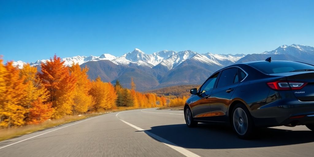 Car driving through Alaskan mountains, fall foliage.