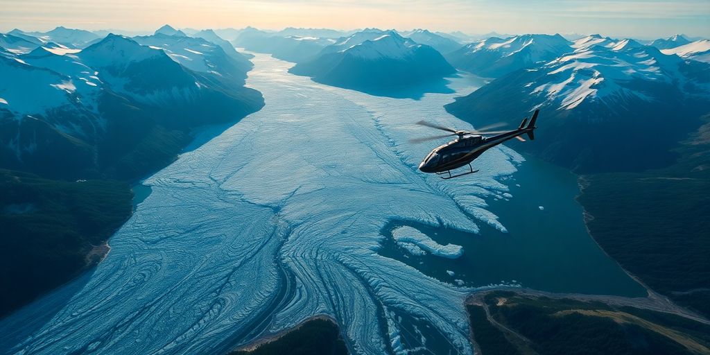 A red helicopter flies over vast Alaskan mountains and glaciers.