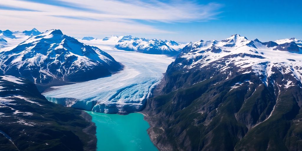 Aerial view of snow-capped Alaskan mountains and a glacier.
