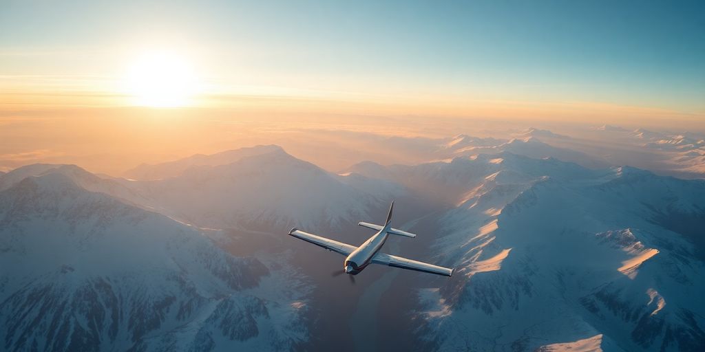 A small plane flying over snow-covered Alaskan mountains.