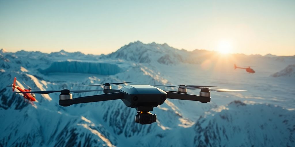 A drone and a helicopter flying over Alaskan mountains.