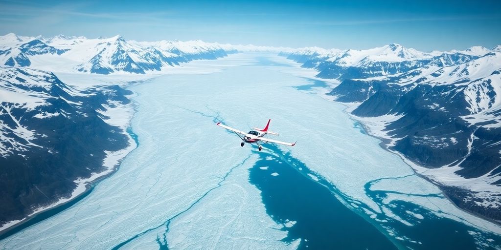 Aerial view of a tour plane over Alaskan mountains and glaciers.