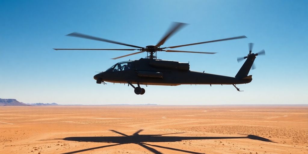 Apache helicopter flying over a desert landscape