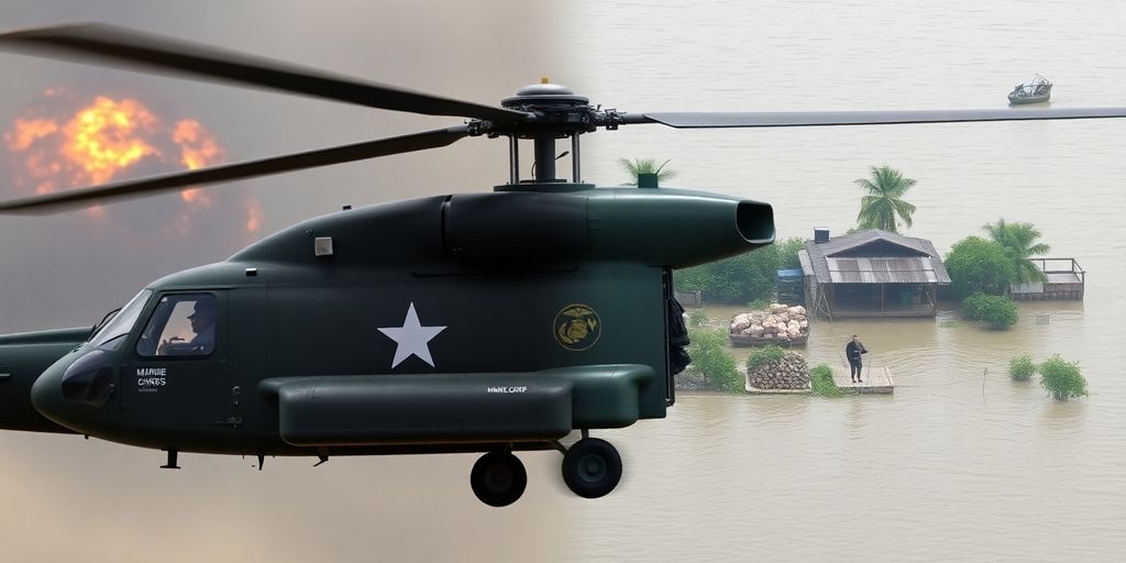 Marine Corps helicopter, combat, humanitarian aid.