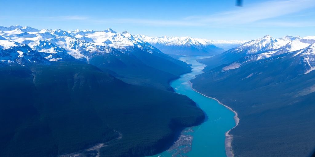 An aerial view of a small plane over Alaskan mountains.