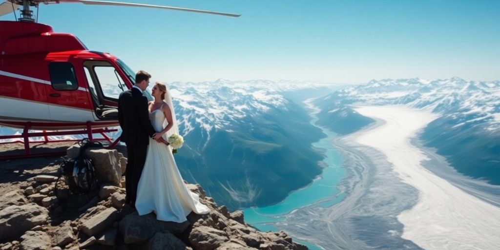 Couple in wedding attire on an Alaskan mountain with helicopter.