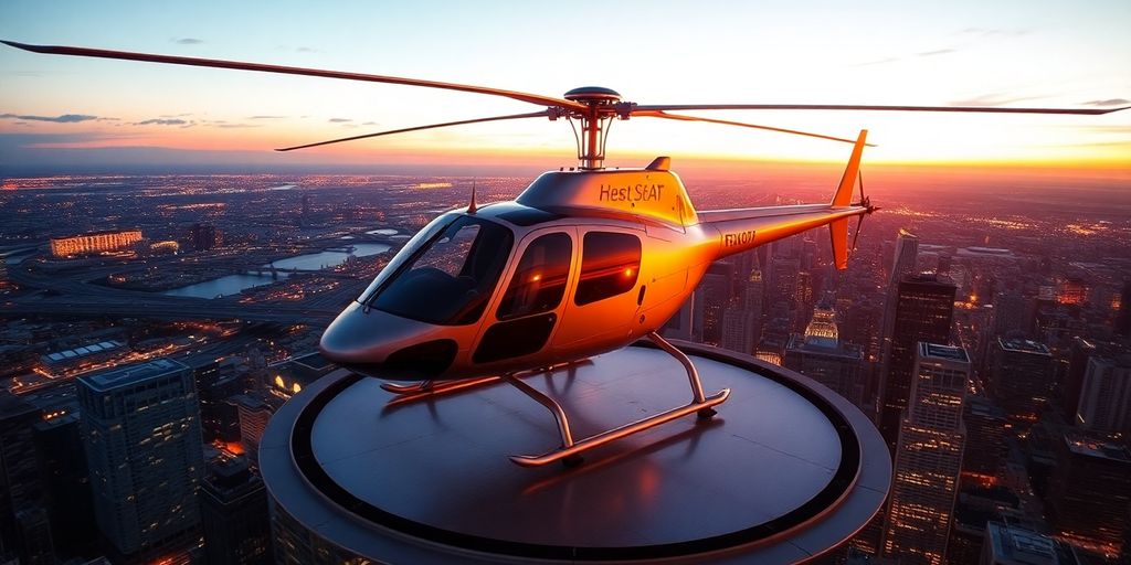A modern helicopter on a helipad overlooking a city.