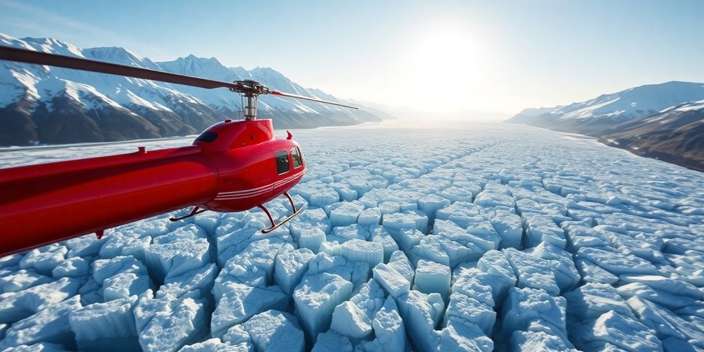 A red helicopter soars above a vast Alaskan glacier.
