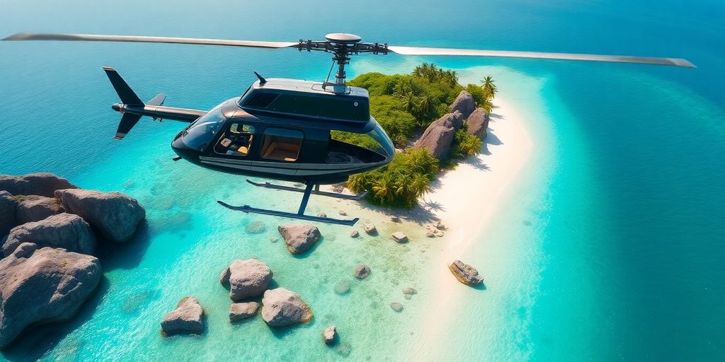 A helicopter flies over a tropical island with turquoise water.