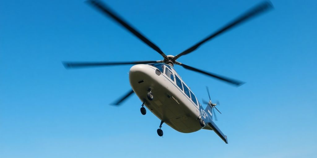 A sleek, modern helicopter taking off from a helipad.