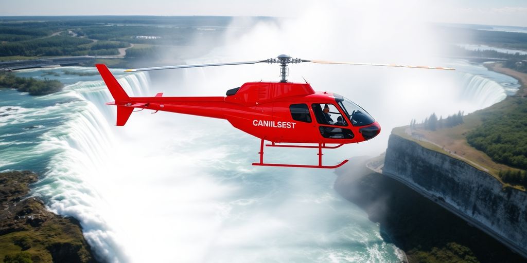 A red helicopter soars over the Canadian Niagara Falls.