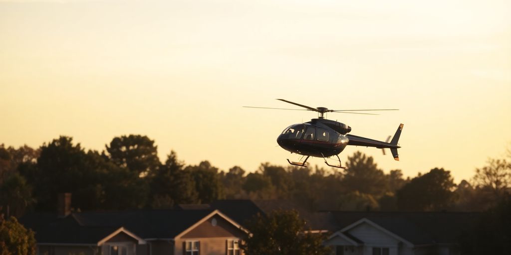 A helicopter hovers low over a suburban neighborhood.