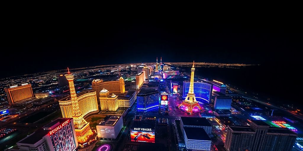 Aerial night view of the Las Vegas Strip from a helicopter.