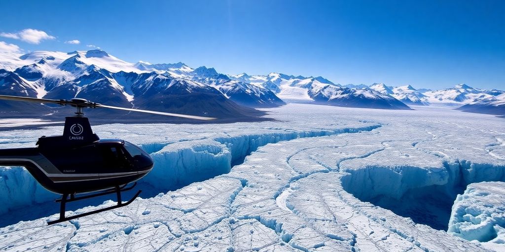 A helicopter soars above a vast Alaskan glacier and mountains.