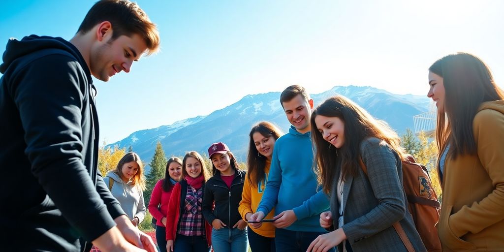 Young adults working outdoors in Anchorage with mountains in summer.