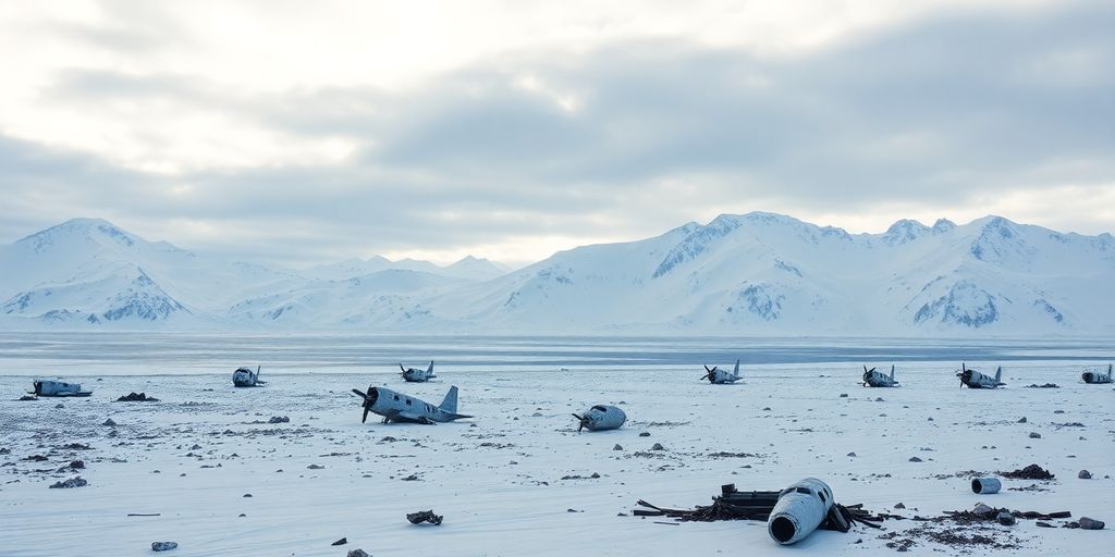 Plane debris scattered across a snowy Alaskan mountain.
