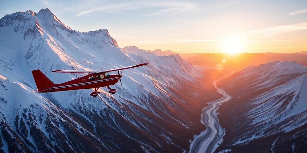 A small airplane flies over a snowy Alaskan mountain range.