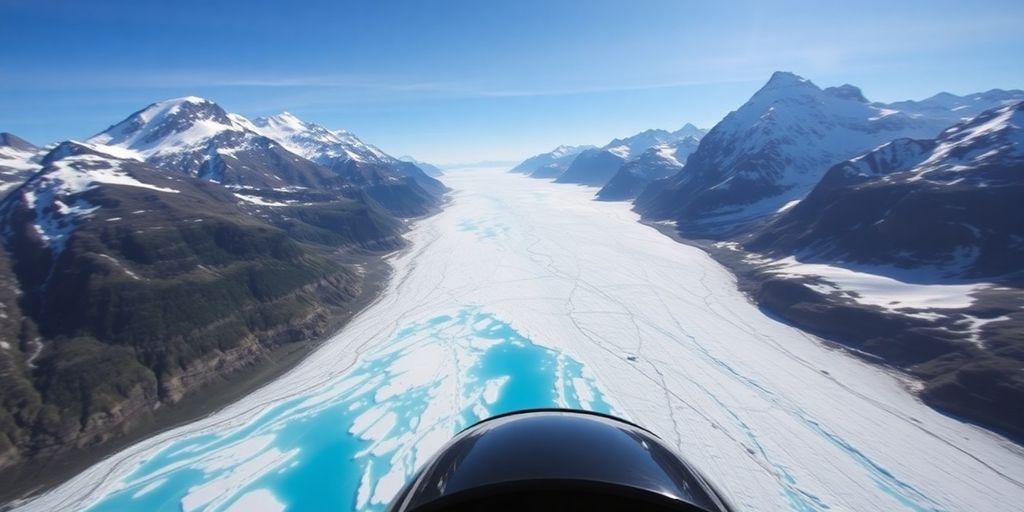 A helicopter flies over a massive glacier and snowy mountains.