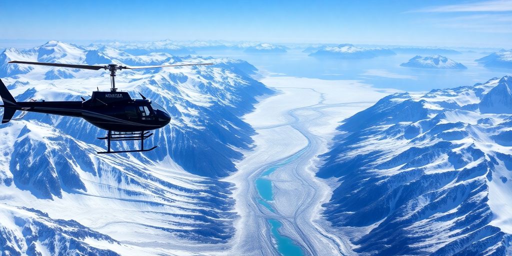 A helicopter flying above snow-covered Alaskan mountains and glaciers.