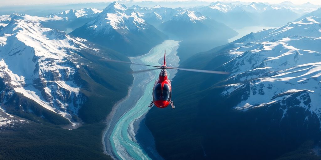 A helicopter flying over vast, snowy Alaskan mountain ranges.
