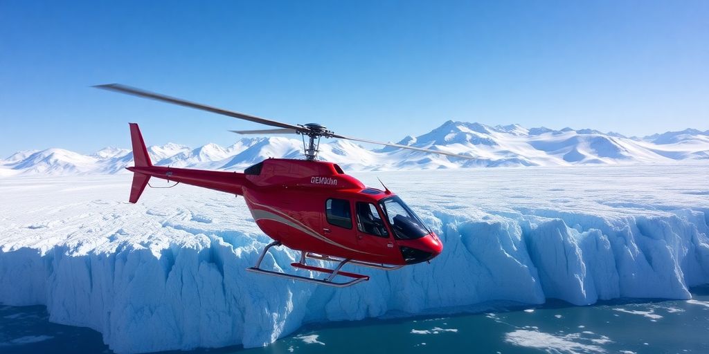 A red helicopter flies over a massive Alaskan glacier.
