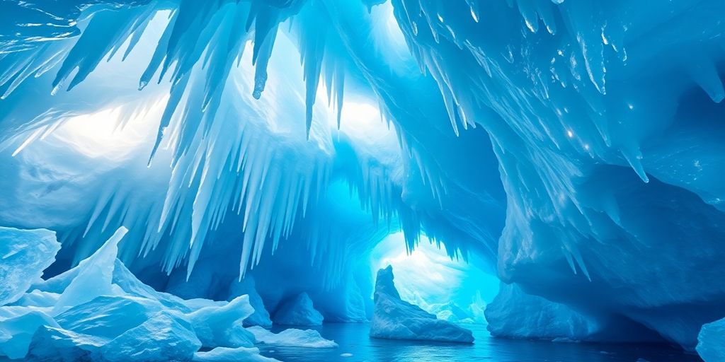 Blue Alaskan ice cave interior with light streaks.