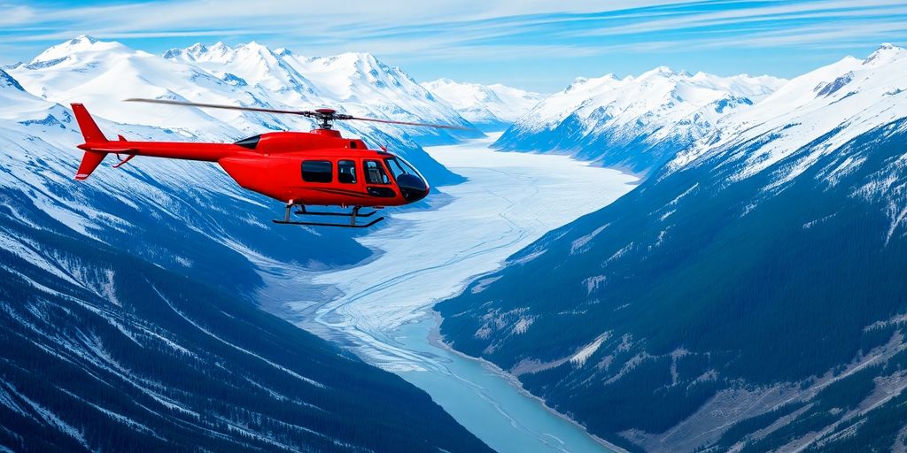A small airplane flying over vast, snowy Alaskan mountains.