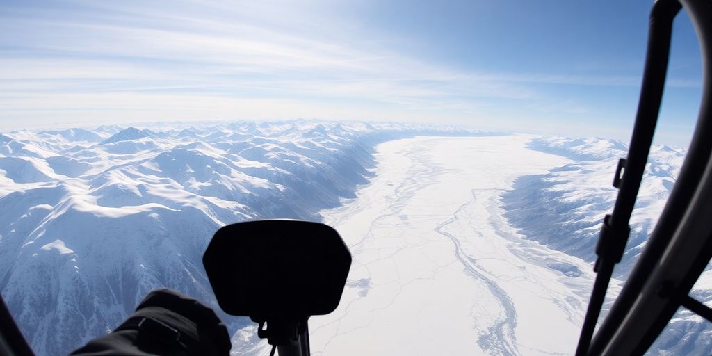 A doors-off helicopter flying over snowy Alaskan mountain peaks.