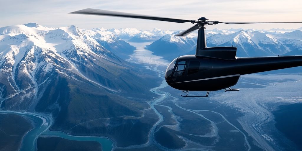 A red helicopter flies over vast Alaskan glaciers and mountains.