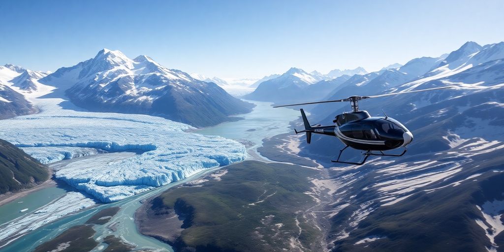 A helicopter flies over vast Alaskan glaciers and snowy mountains.