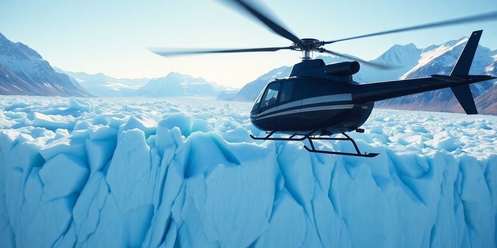 A red helicopter flies above a vast Alaskan glacier.