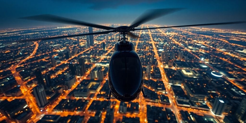 A helicopter flying over a glowing city map at night.