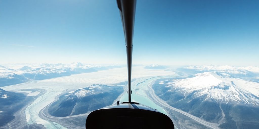 A helicopter flying over a vast Alaskan glacier and mountains.
