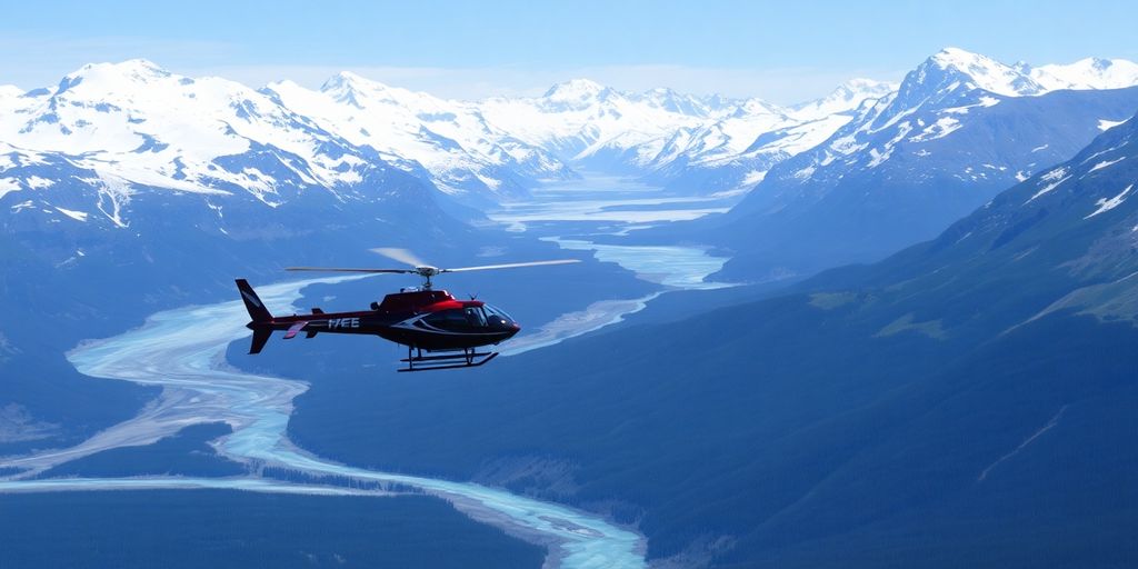 A helicopter soars above snow-covered Alaskan mountains and glaciers.