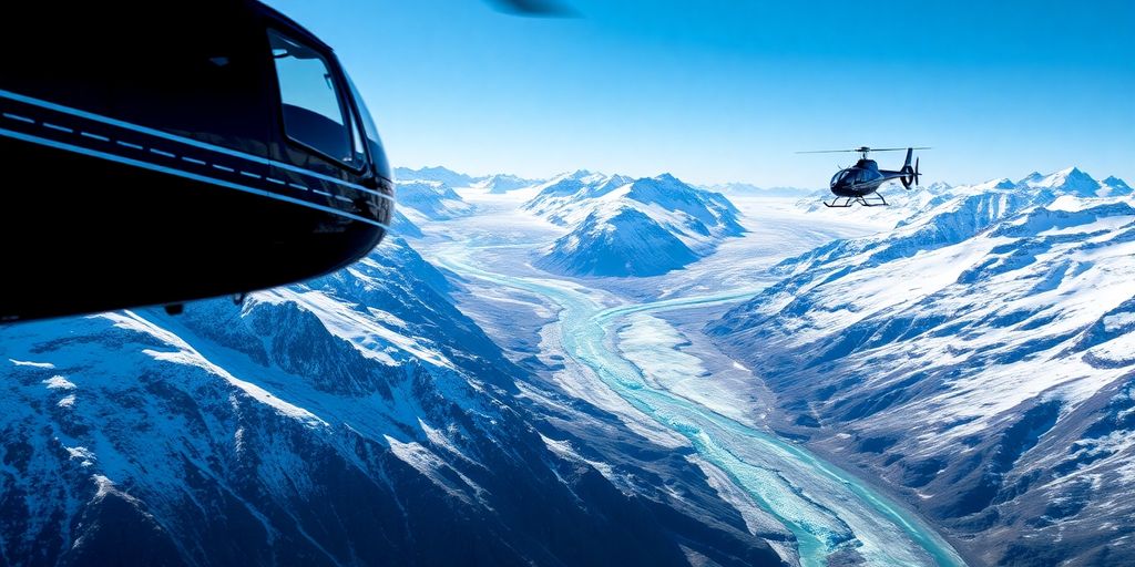 A red helicopter flying over Alaskan mountains and glaciers.