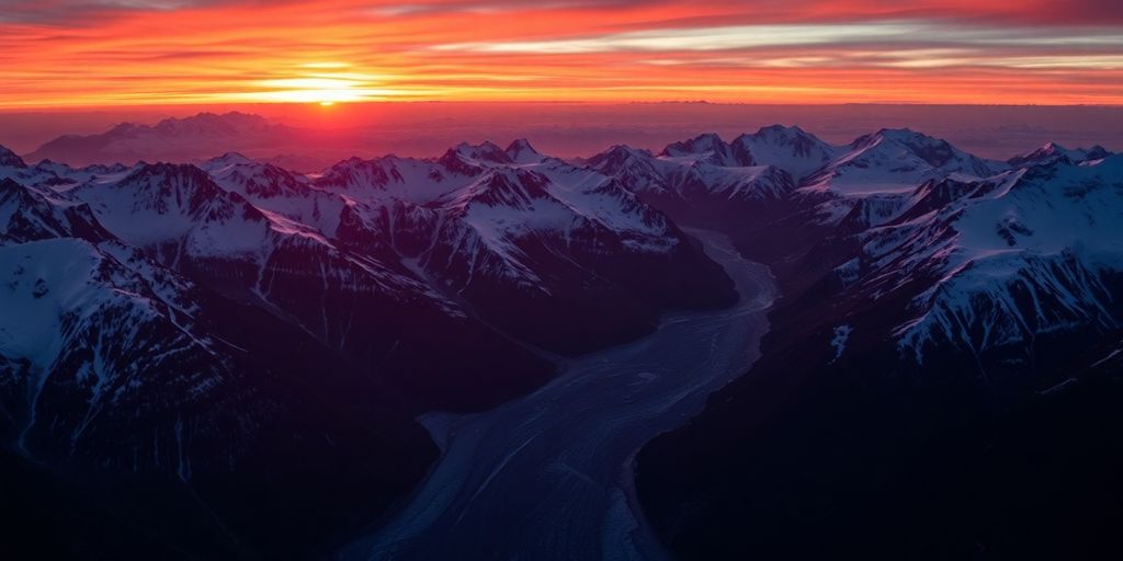 Aerial view of Alaskan mountains during a fiery sunset.